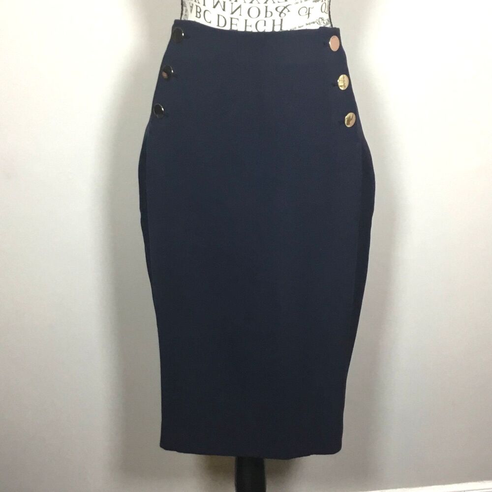 Very dark blue pencil skirt silver tone buttons 9" back slit waist 31"-32" 10/M